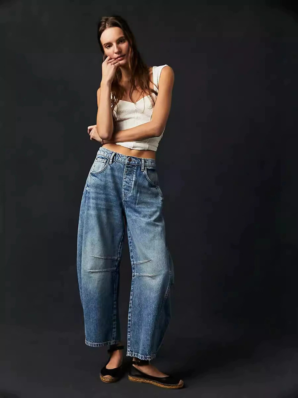 ZARA Womens Loose Wide Leg Mid Low Rise Washed Denim Jeans